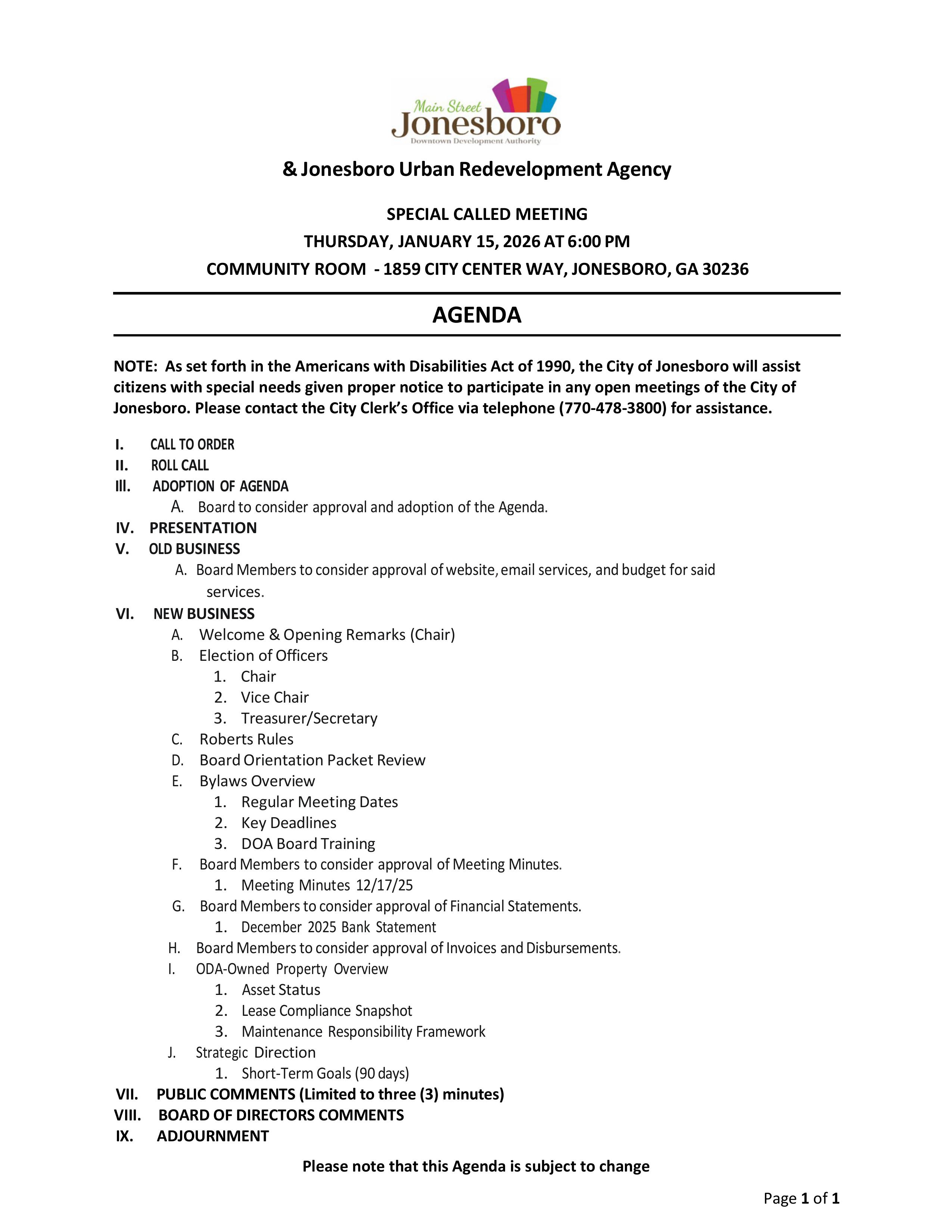 DDA Special Called Meeting Agenda 1-15-2026